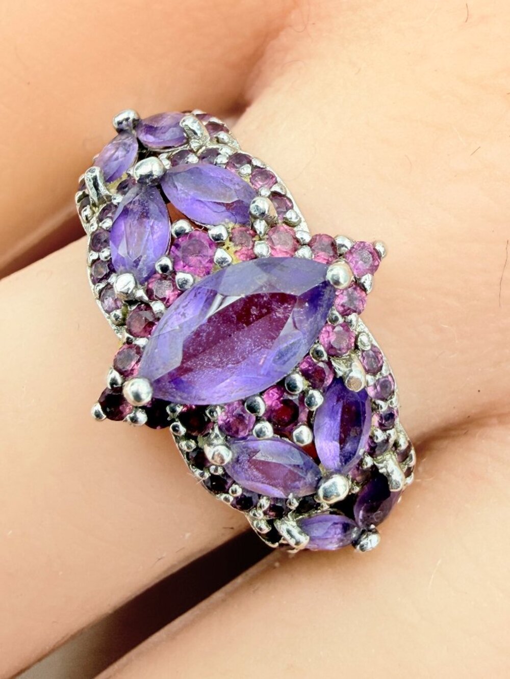 Signed Sterling Silver Amethyst Cluster Marquise Cut Statement Cocktail Ring Sz